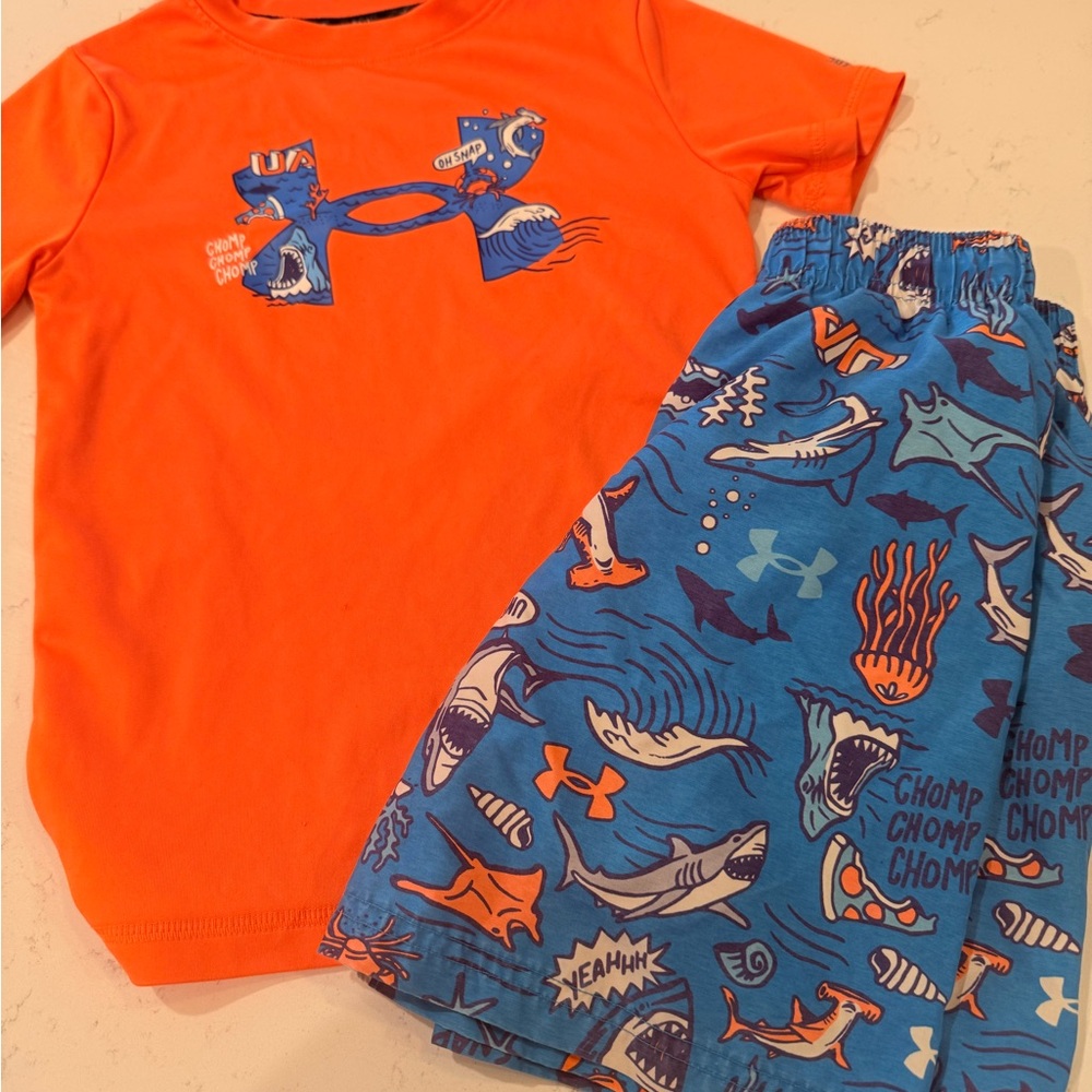 Under Armour Orange Tee with Blue Shark Print Swim Shorts